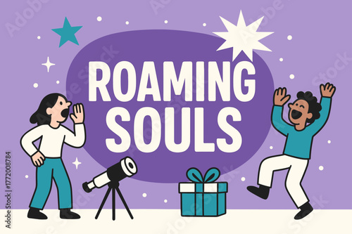 Roaming Souls Celebration. Roaming souls banner, flat vector illustration, bold oversized text inside rounded blob, cartoon characters shouting and dancing,