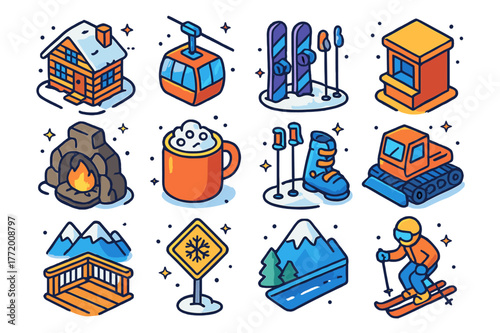 Ski Resort Icons. Ski resort town. Colorful isometric vector icons set of ski resort town: ski lodge, cable car, snowboard rack, ticket booth, fireplace