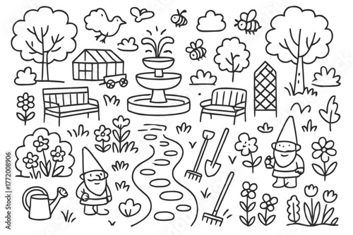Charming Garden Doodle. garden landscape. Hand-drawn doodle illustration garden landscape flowers, trees, benches, fountains, birds, bees, butterflies, garden