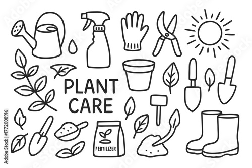 Plant Care Essentials. Plant care. Hand-drawn doodle illustration plant care watering can, spray bottle, gloves, pruning shears, pot, leaves, fertilizer bag,