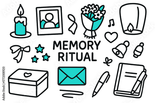 Memory Ritual Icons. // Memory ritual. Hand-drawn doodle illustration Memory ritual [candle (accented), photo frame (accented), bouquet (accented), ribbon,