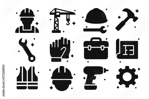 Construction Tool Icons. Construction Crew. Solid icons set of Construction Crew: construction worker, crane, hard hat, hammer, wrench, gloves, toolbox,