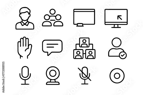 Virtual Classroom Icon Set. Virtual classroom. Line icon set of virtual classroom: teacher avatar, student avatars, whiteboard, screen share, hand raise, chat