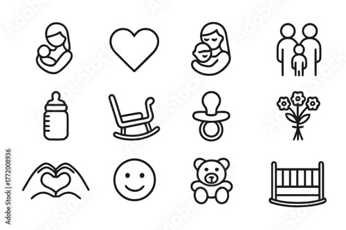 Mother's Care Icons. Mother?s care. Line icon set of mother?s care: mother holding baby, heart, hug, family, baby bottle, rocking chair, pacifier, flowers,