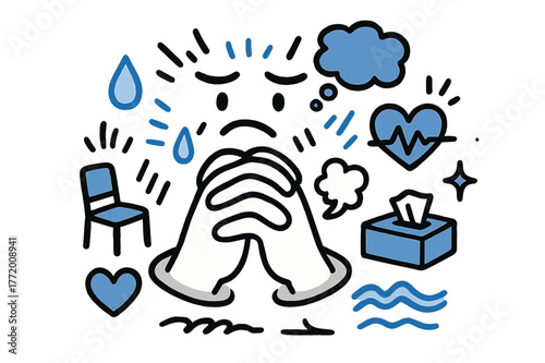 Worried Hands Doodle. // Hands clasped in worry. Hand-drawn doodle illustration Hands clasped in worry [two hands clasped together (accented), furrowed