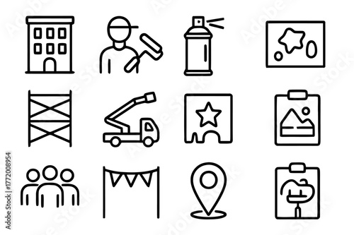 City Mural Icons. City Mural Painting Events. Line icon set of City Mural Painting Events: city wall facade, artist with roller, spray can, paint bucket,