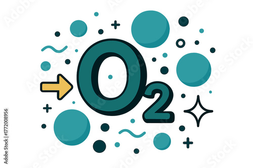 Molecular Oxygen Dynamics. Oxygen. Molecular oxygen symbol (O2) floating with abstract bubbles and sparkles; emphasizes chemical element, life-support, and air