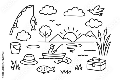 Dawn Fishing Doodles. Fishing at dawn. Hand-drawn doodle illustration fishing rod, lake, boat, sunrise, fish, reeds, hat, tree, clouds, bird, tackle box, line,