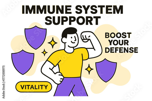 Immune System Boost. Immune System Support. A figure surrounded by shield shapes flexes lightly; small spark icons radiate ?Vitality.? ?Boost Your Defense?