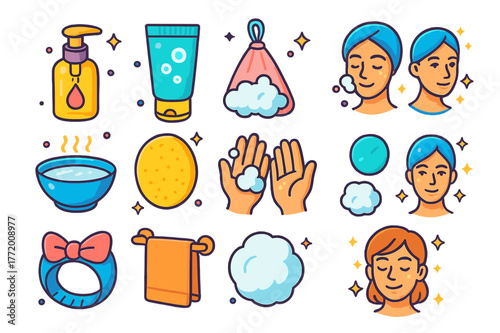 Face Cleansing Essentials Icons. Face cleansing essentials. Colorful isometric vector icons set of Face cleansing essentials: cleansing oil, gel cleanser,