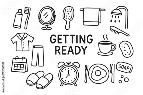 Morning Routine Doodles. Getting Ready. Hand-drawn doodle illustration Getting Ready toothbrush, toothpaste, mirror, hairbrush, towel, shower, comb, alarm