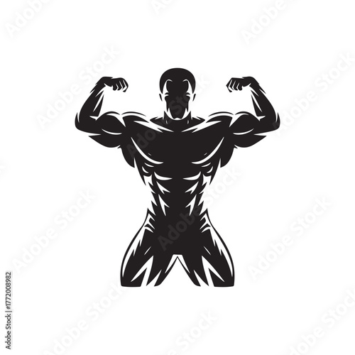 Powerful muscular bodybuilder flexing biceps silhouette illustration. Strong male athlete showing muscles, perfect for gym logo, fitness center branding, bodybuilding poster, or workout design.