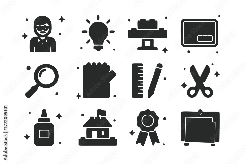 Fototapeta premium LEGO Creativity Icons. LEGO Creativity Workshop. Solid icons set of LEGO Creativity Workshop: instructor figure, lightbulb icon, build table, tray of bricks,