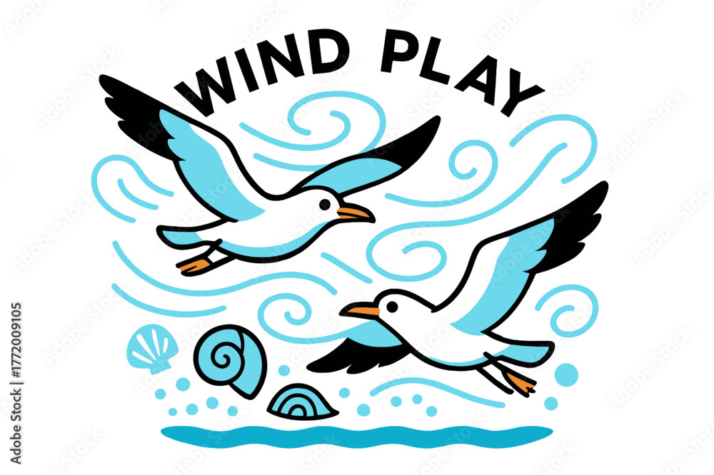 Fototapeta premium Seagulls' Ocean Ballet. Seagulls ? Ocean breeze chase. Two gulls glide through swirling air ribbons; abstract shells and foam dots hover beneath. Tag ?WIND