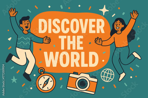 Explore the World. Discover the world banner, flat vector illustration, bold oversized text inside rounded blob, cartoon characters jumping and waving, compass