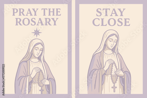 Rosary Prayer Banners. Our Lady of the Rosary. Two vertical A6 banners with safe margins, centered composition, no elements touching edges, pastel, lavender