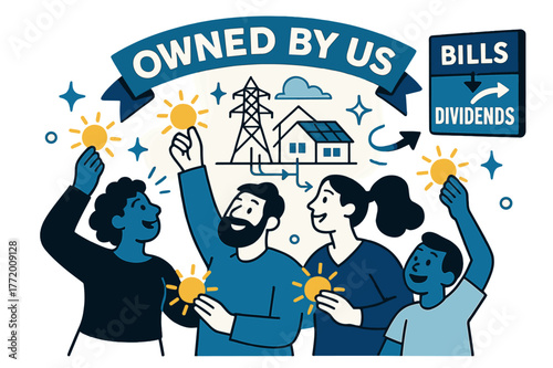 Community Energy Co-op. Community energy co-ops. Neighbors hold shares shaped like tiny suns; ?Owned by us? banner arcs over a microgrid. A scoreboard flips