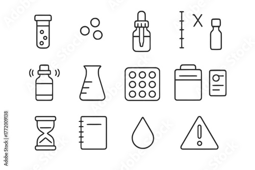 Homeopathy Icons Set. Homeopathy. Line icon set of homeopathy: small vial, pellets, dropper bottle, dilution scale, succussion bottle, glass beaker, remedy