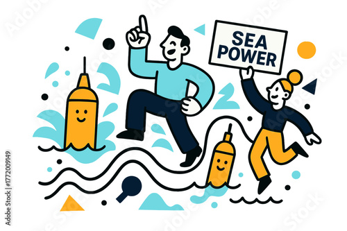 Sea Power Dynamics. Tidal & Wave Energy. Bobbing floats rhythmically pump as a submarine cable snakes to shore; a tag says ?Sea Power.? Foam dots sparkle