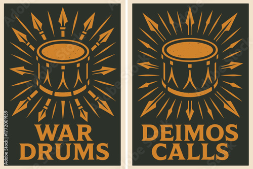 Battle Drum Banners. Battle Drum Echo. Two vertical A6 banners with safe margins, centered composition, no elements touching edges, bold, iron gray and amber,