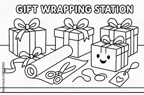 Gift Wrapping Fun. Gift Wrapping Station children?s coloring book illustration, outlined drawing, presents being wrapped with ribbons and bows, a tag with a