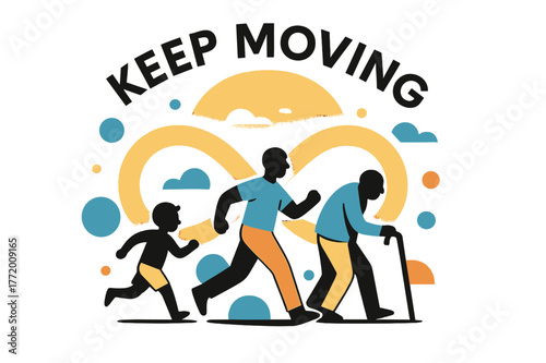 Generational Harmony. Longevity & Vitality. Generations of silhouettes move in rhythm?child, adult, elder?all connected by a glowing infinity loop. ?Keep