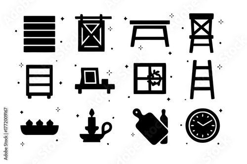 Farmhouse Icon Collection. Farmhouse style with reclaimed wood. Solid icons set of Farmhouse style with reclaimed wood: shiplap wall, sliding barn door,