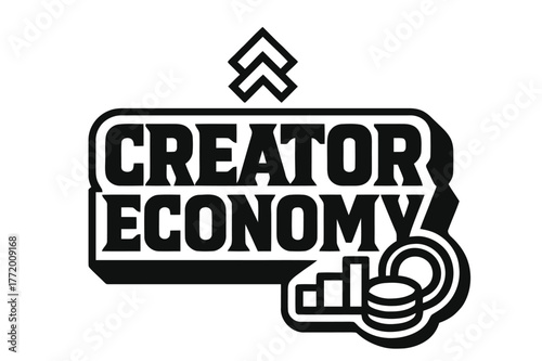 Bold Geometric Lettering. Creator Economy ? bold block geometric lettering; thick uppercase with geometric serifs, heavy outer outline, strong cast shadow;