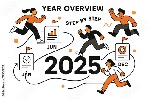 Vision Board. Vision Board ? Year Overview. Big ?? headline anchors a clean timeline; milestone cards pin along with tiny flags. Caption ?Step by step? curves