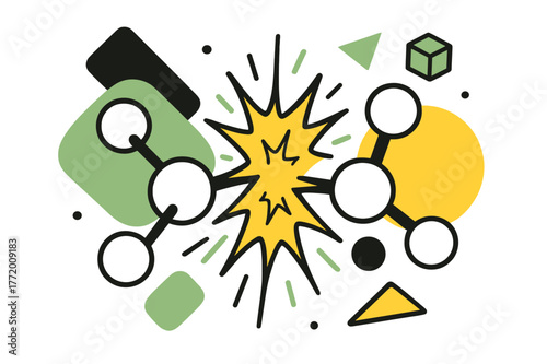 Molecular Collision Artistry. Catalyst. Molecules colliding with floating abstract geometric shapes and energy sparks, vibrant and scientific transformation