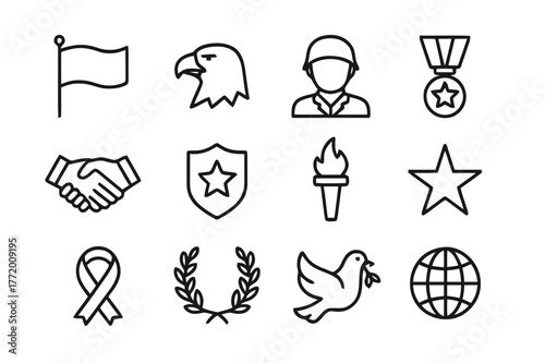 Patriotic Icon Set. Patriotic celebration. Line icon set of patriotic celebration: flag, eagle, soldier, medal, handshake, shield, torch, star, ribbon, laurel