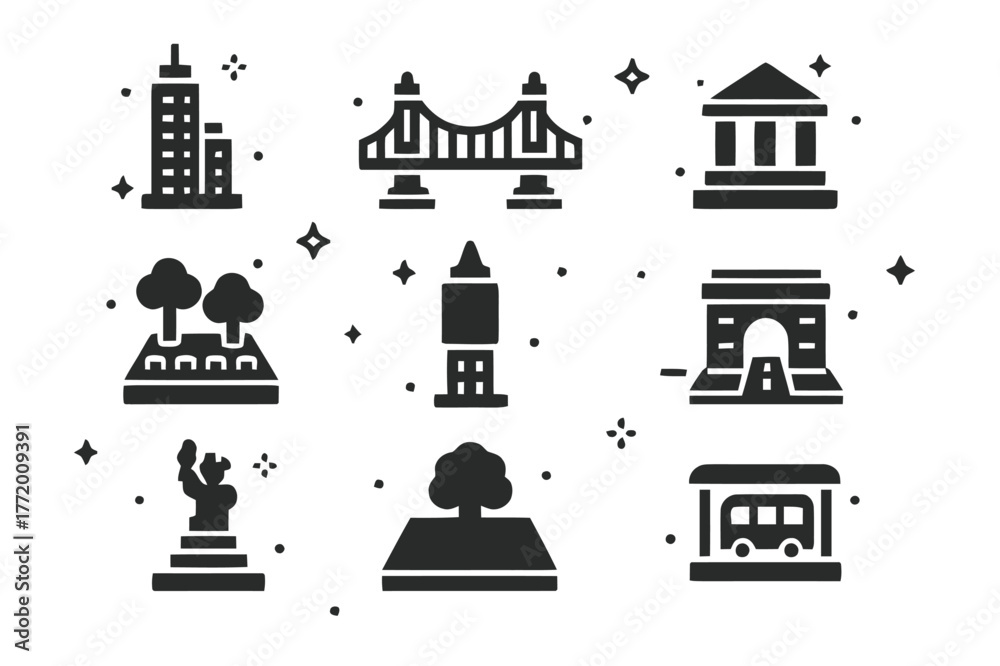 Fototapeta premium Urban Icons. Miniature Architecture. Solid icons set of Miniature Architecture: skyscraper, bridge, museum, park, clock tower, road, statue,