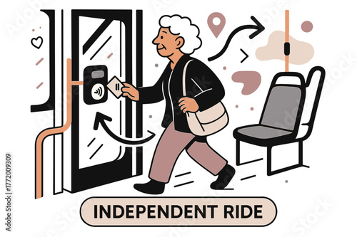 Senior's Independent Ride. Elderly ? Public Transport Trip. A senior scans a card at a bus door; arrow lines show an easy route to a seat. Tag reads