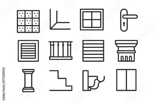 Architectural Icon Set. Architectural Details. Line icon set of Architectural Details: facade texture, corner trim, window frame, door handle, vent cover,