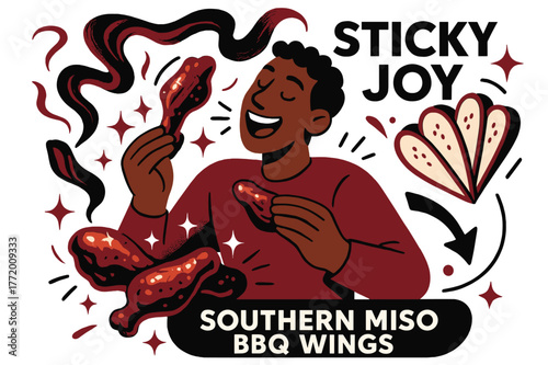 Miso BBQ Wings Delight. Southern miso BBQ wings. Smoke curls into brushstrokes as lacquered wings get a glossy miso glaze; ?Sticky joy? sparkles. A fan of