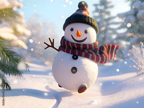 Funny energetic snowman running through a snow-covered path