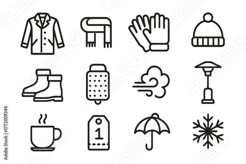 Winter Essentials Icons. Winter Night Out. Line icon set of Winter Night Out: coat, scarf, gloves, beanie hat, warm boots, hand warmer, breath cloud, patio
