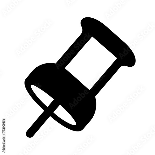 A minimalist black and white illustration of a simple push pin icon