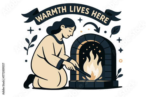 Hearth's Warm Embrace. Keeper of the Hearth. A calm figure tends a glowing fire; sparks rise like tiny stars of care. Ribbon text ?warmth lives here? arcs