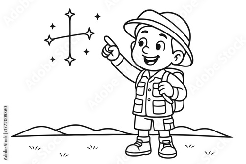 Explorer Points Southern Cross. Using the Southern Cross children?s coloring book illustration, outlined drawing, a friendly explorer pointing to the Southern