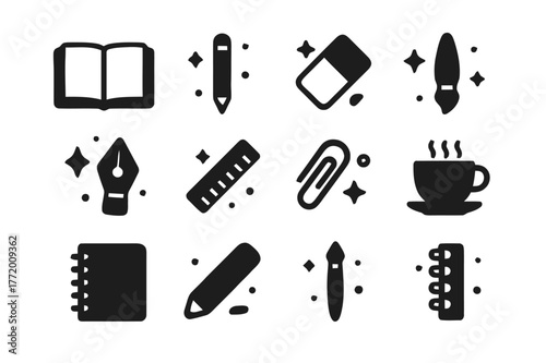 Sketchbook Tools Icons. Sketchbook. Solid icons set of Sketchbook: open sketchbook, pencil, eraser, paintbrush, ink pen, ruler, paper clip, coffee cup, doodle