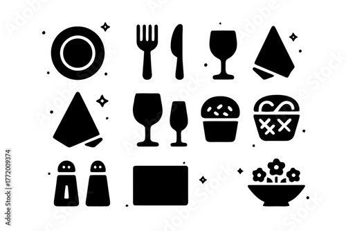 Elegant Table Iconography. Table Arrangement. Solid icons set of Table Arrangement: plate, fork, knife, spoon, napkin, wine glass, water glass, bread basket,