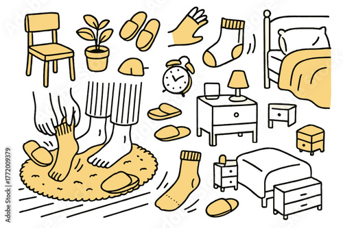 Cozy Morning Routine. Getting ready. Hand-drawn doodle illustration slippers (colored), feet (colored), hands (colored), socks (colored), chair (colored), cozy