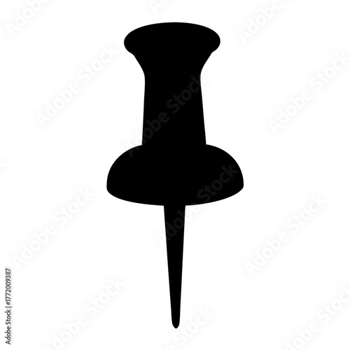 Black and white silhouette of a pushpin or thumbtack, a graphic element