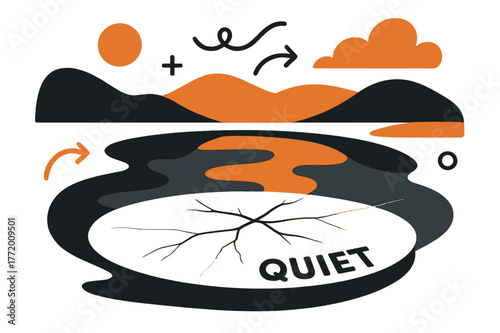 Serene Frozen Lake. Abstract Landscapes ? Frozen Lake. A smooth oval lake mirrors stacked shapes; thin cracks spider out like delicate lines. Word ?quiet?