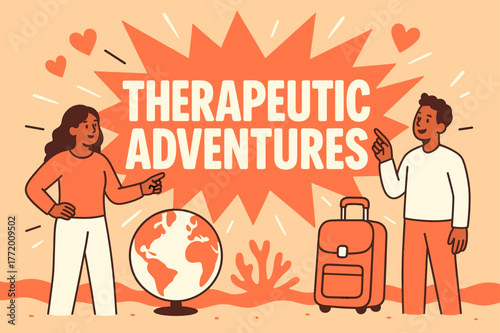 Therapeutic Adventures Banner. Therapeutic adventures banner, flat vector illustration, bold oversized text inside splash explosion, cartoon characters