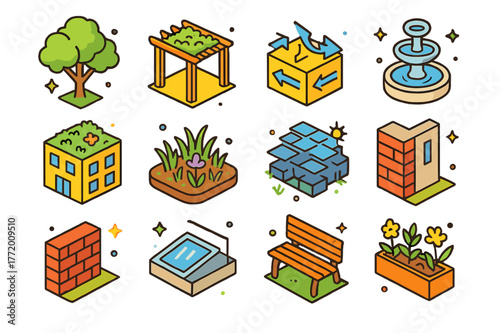 Eco-Friendly Urban Icons. Green architecture in urban spaces without technology. Colorful isometric vector icons set of Green architecture in urban spaces