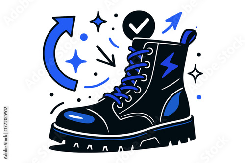 Vibrant Military Boots. Boot. Military boots with abstract floating icons, arrows, and sparkles; conveys toughness, durability, and readiness. Modern flat