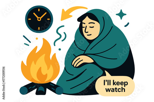 Guarding the Hearth. Keeper of the Hearth ? Night Watch. A figure wrapped in a blanket listens to the quiet crackle; clock icon rests at ?:?. Whispered caption