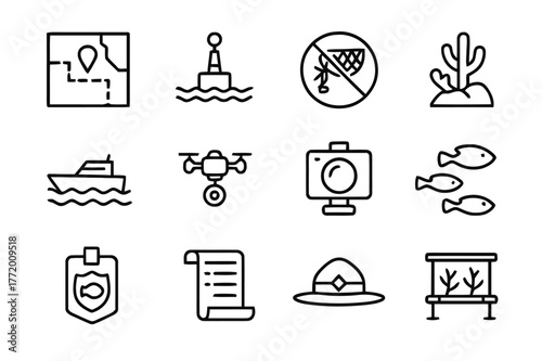 Marine Protection Icons. Marine Protected Areas. Line icon set of Marine Protected Areas: protected zone map, boundary buoy, no trawl sign, reef icon, patrol